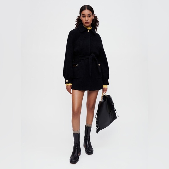Maje Black Bouclé Belted Teddy Jacket with Gold Hardware - Picture 5 of 6